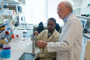 Two people at a lab bench